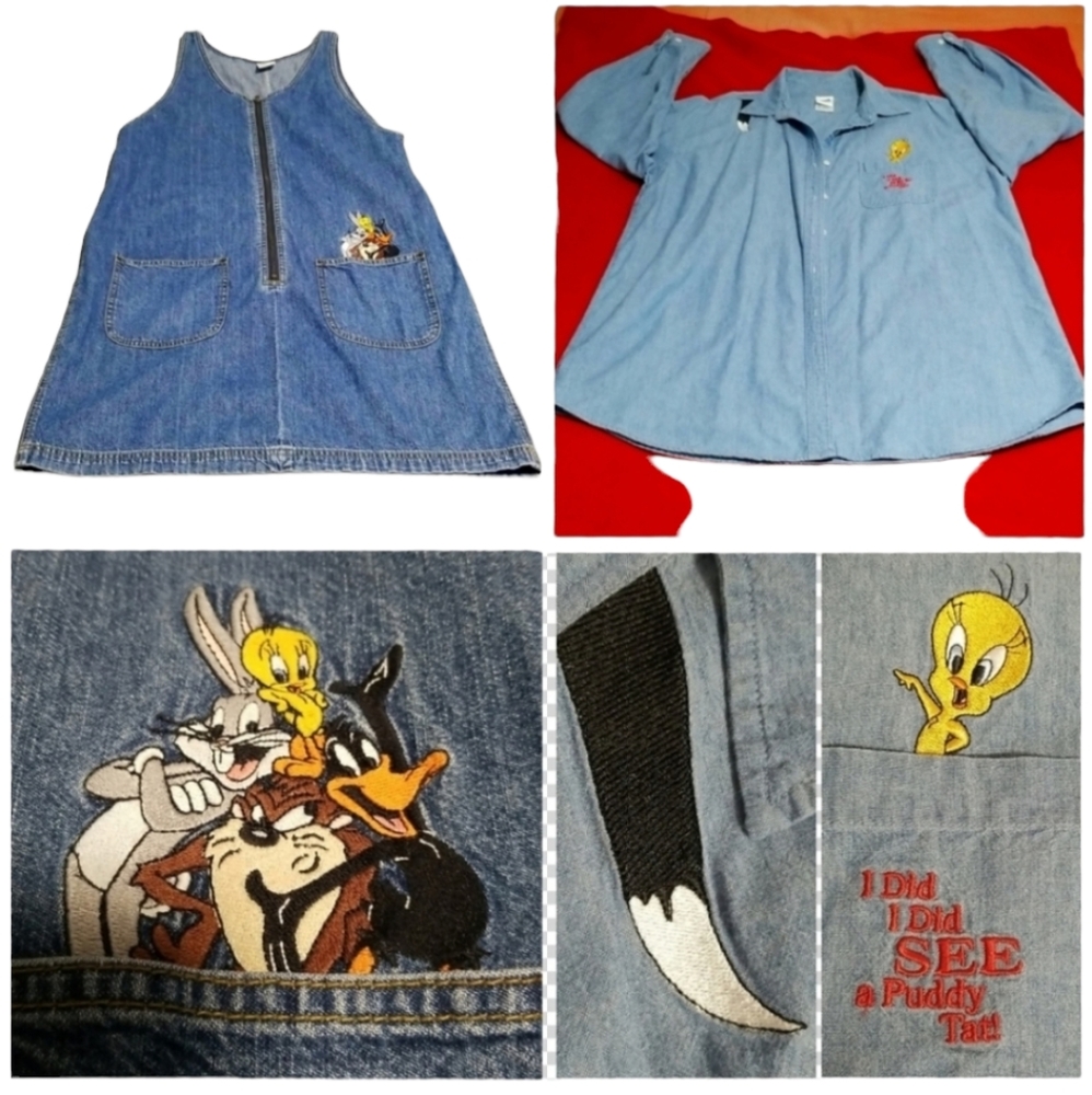 Vintage Disney Warner Bros Denim Looney Tunes Embroidered Dress &long sleeve top